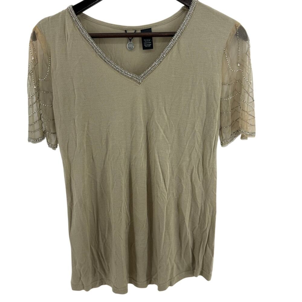BKE Boutique Top XS Beige Beaded Sleeves Embellished Dressy Blouse Women’s